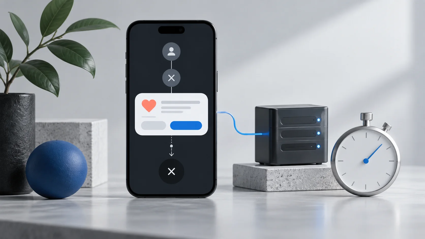 A phone with an abstract retention message connected to a server and stopwatch