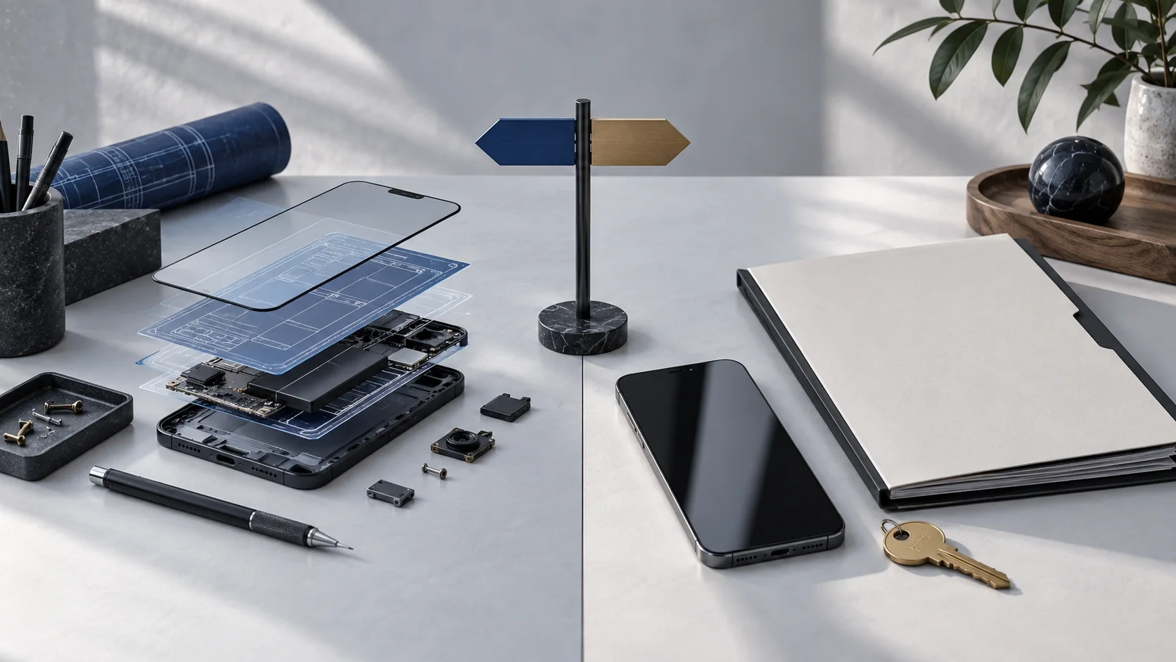 A split workbench showing a phone blueprint beside a finished phone and key