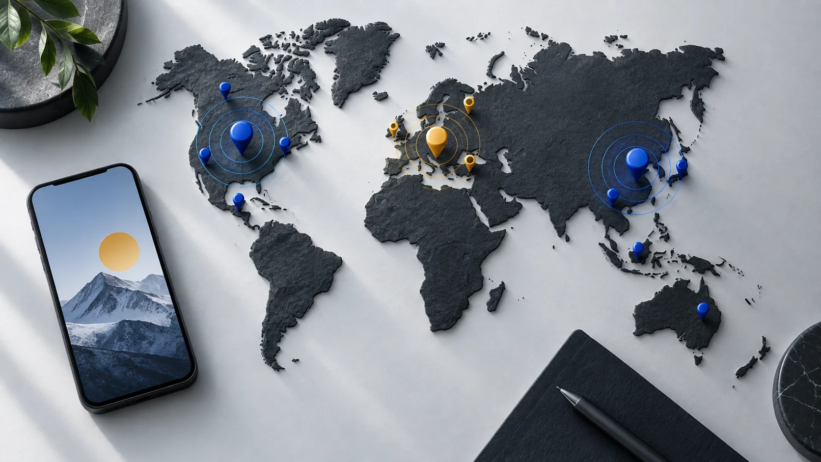 A relief world map with grouped market pins and campaign rings